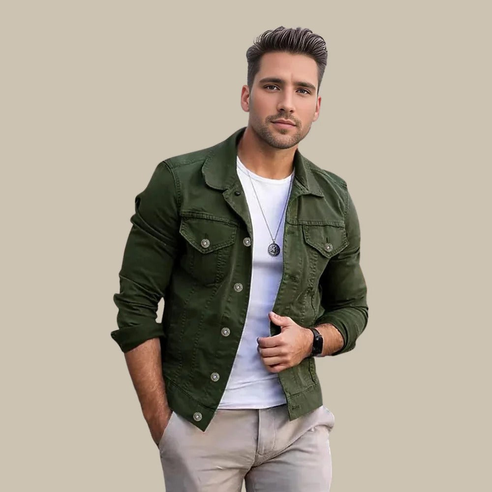 Side profile of a comfortable men's classic all-season button-up jacket, a key piece for layered style.