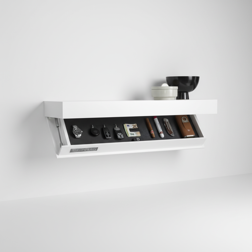 Sleek white floating wall shelf with secret storage, perfect for organizing your living room or office.