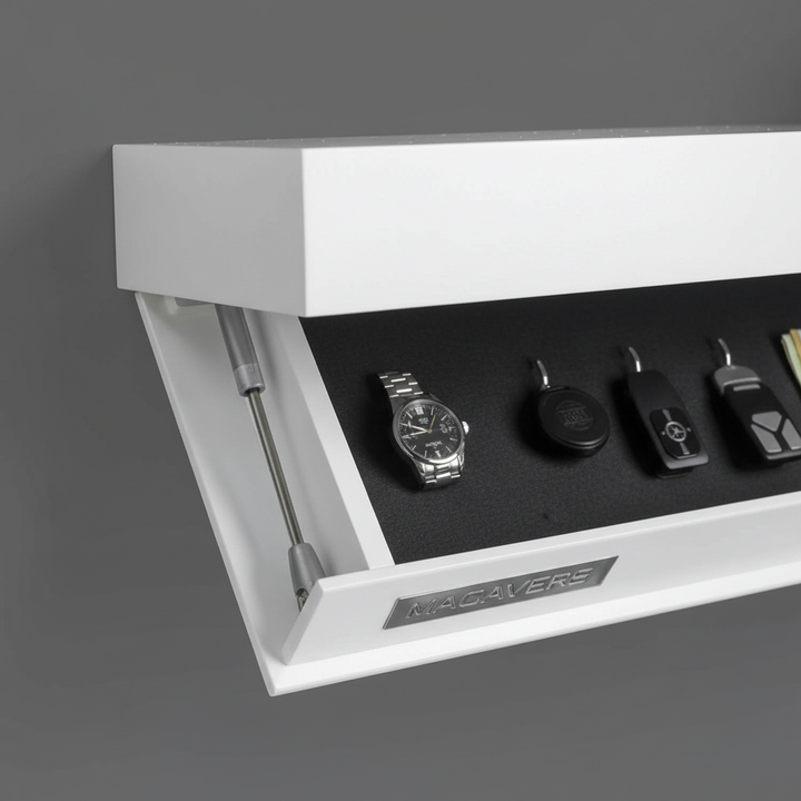Minimalist floating shelf with discreet hidden storage to keep your home tidy and stylish.