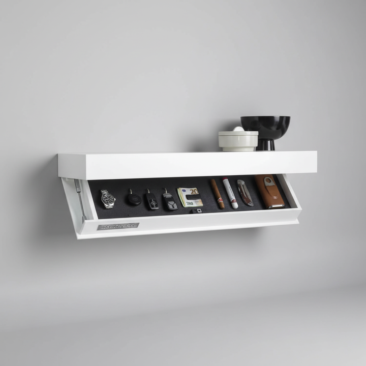 Decorative floating wall shelf with hidden compartment, ideal for entryway organization and modern design.