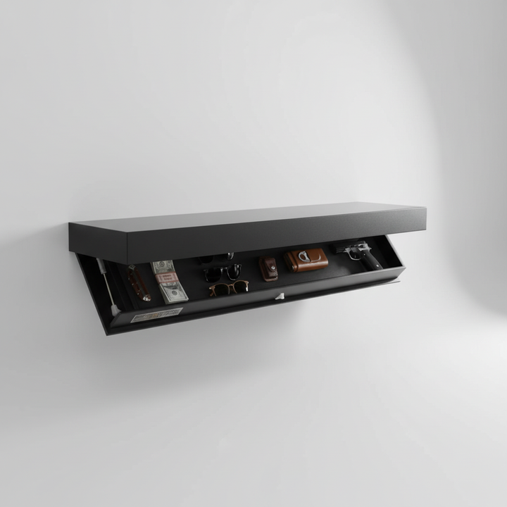 Contemporary floating wall shelf offering clever hidden storage for a clutter-free living room or office space.