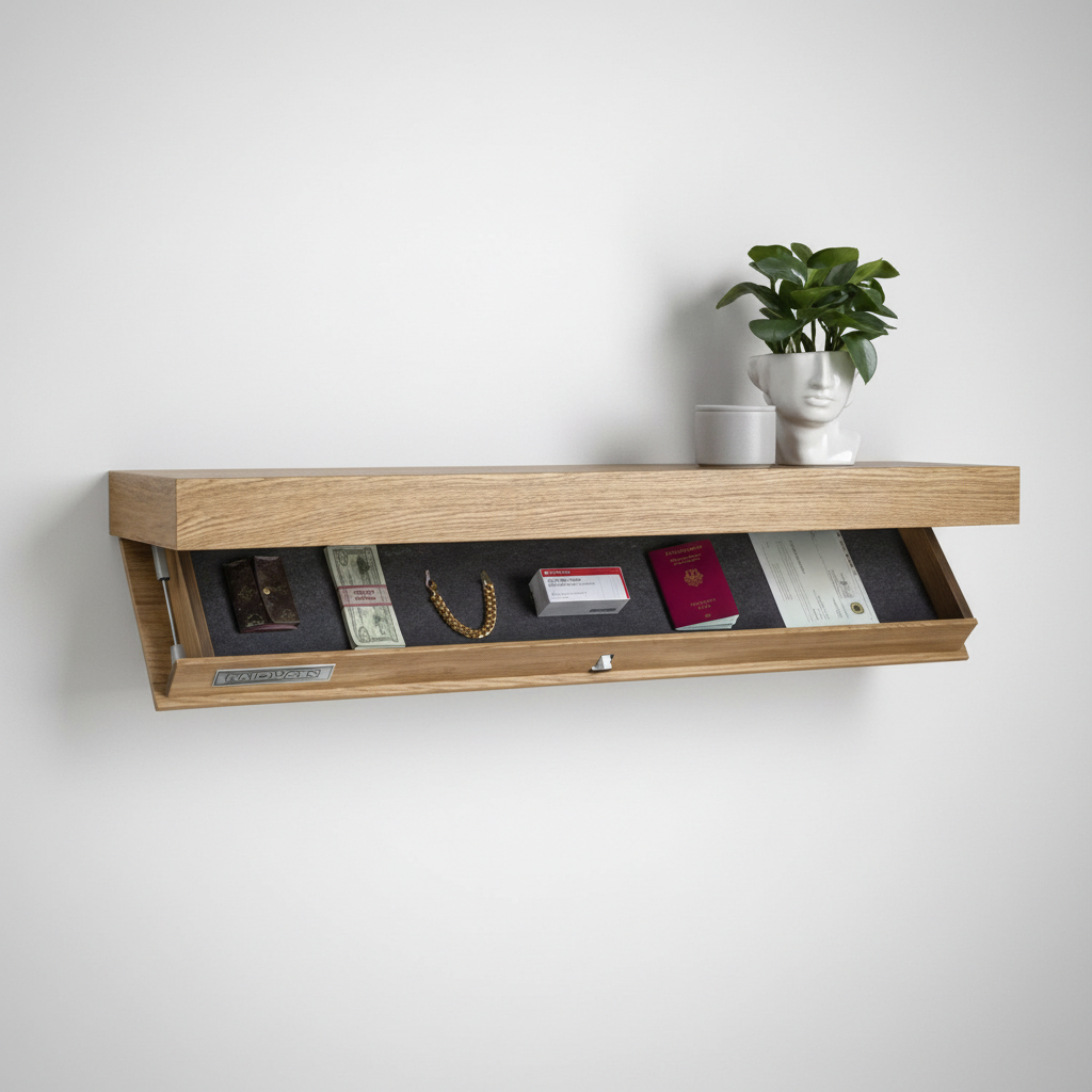 Functional floating shelf with hidden storage compartment, great for modern home decor & organization in any room.