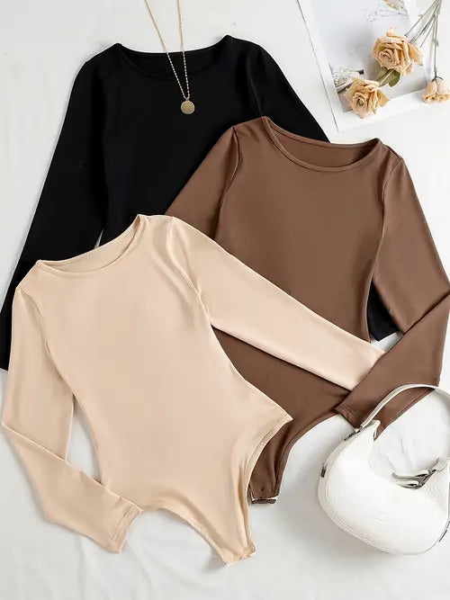 Versatile women's slim fit bodysuits, long sleeve & crew neck, essential 3-pack for any wardrobe.