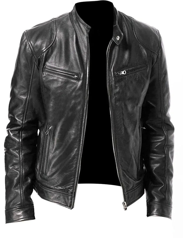 Men's classic black biker jacket, modern fit. Versatile motorcycle outerwear for everyday casual style.