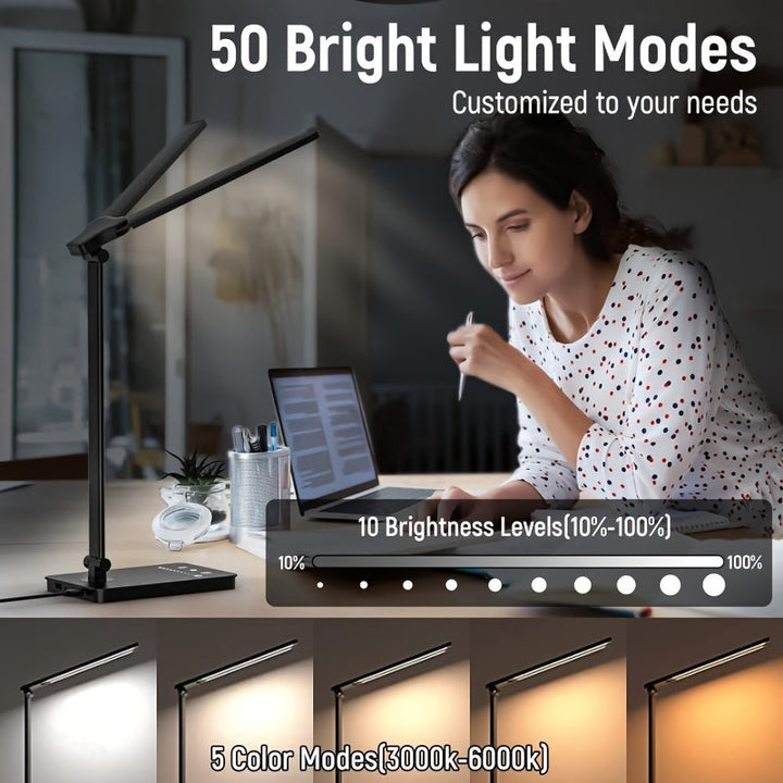 Sleek modern LED desk lamp with touch-sensitive controls & adjustable brightness settings.