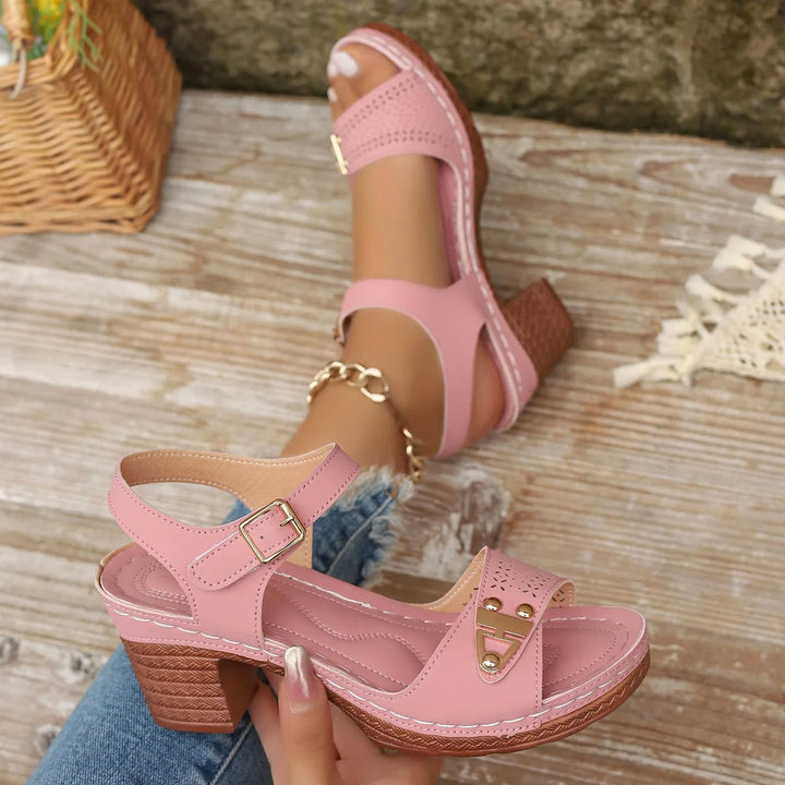 Women's cushioned block heel platform sandals with adjustable cross straps for stylish & comfortable wear.
