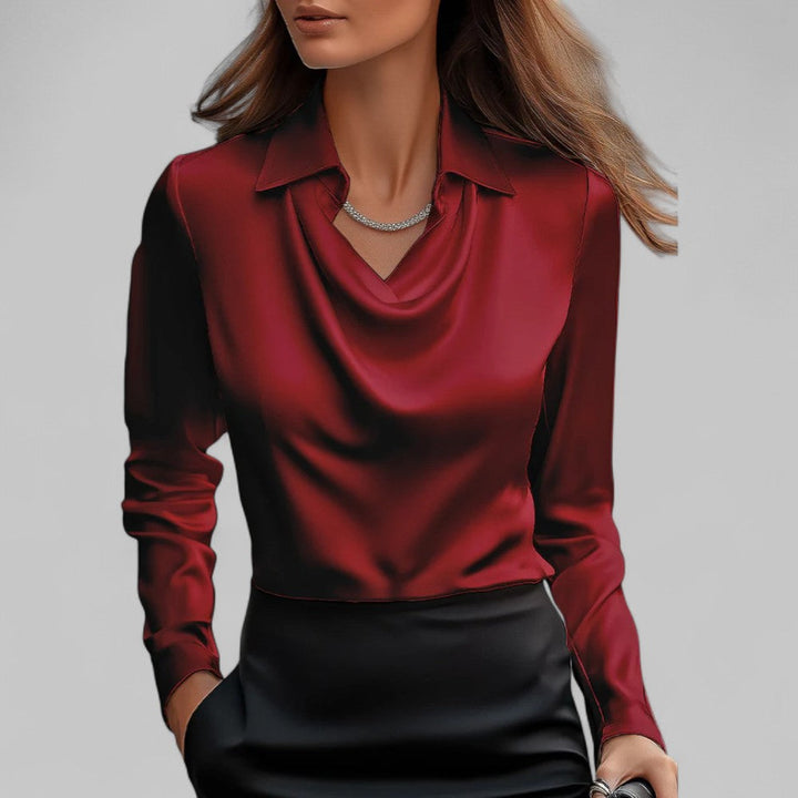 Sophisticated women's long sleeve draped neck blouse. Ideal for professional office wear & elegant ensembles.