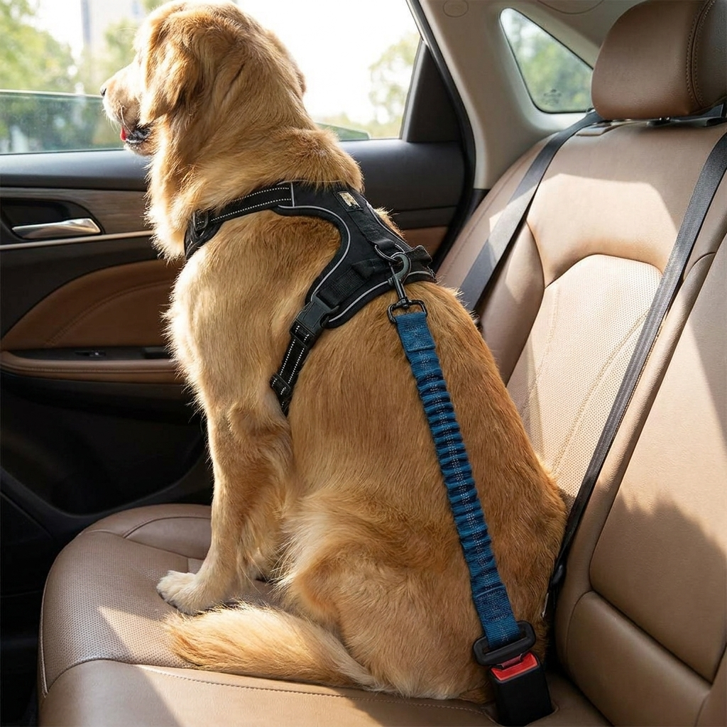 Adjustable dog car seat belt for pet safety during vehicle travel. Durable and comfortable for all dog sizes.