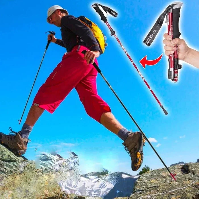 "Adjustable lightweight trekking poles, foldable design, available in black, blue, or red, perfect for hiking and stability."
