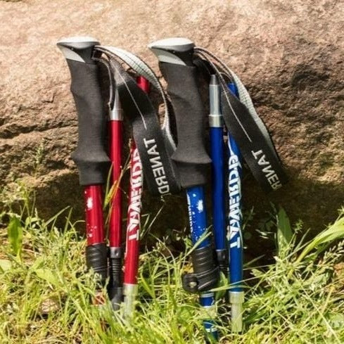 "Adjustable lightweight trekking poles, foldable design, available in black, blue, or red, perfect for hiking and stability."