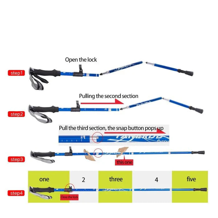 "Adjustable lightweight trekking poles, foldable design, available in black, blue, or red, perfect for hiking and stability."