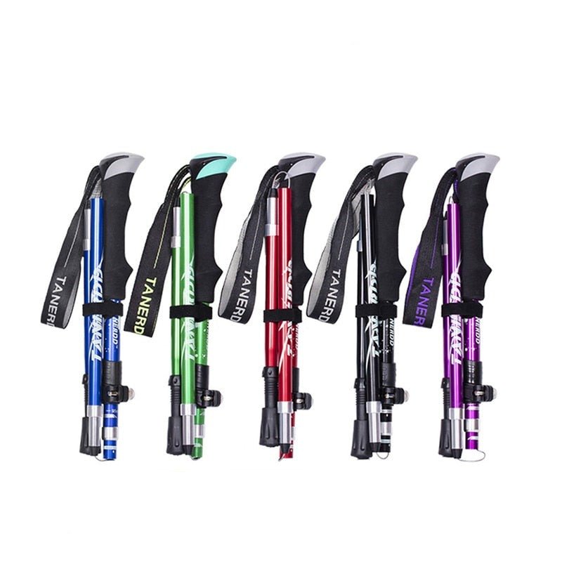 Aluminum adjustable trekking poles for hiking, with ergonomic grips & quick-lock system.