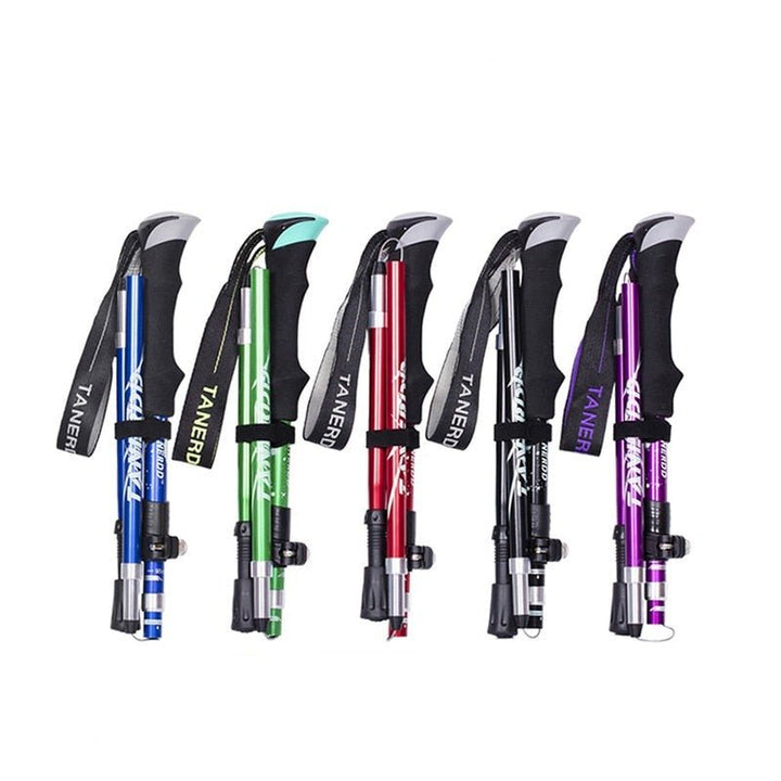 Aluminum adjustable trekking poles for hiking, with ergonomic grips & quick-lock system.