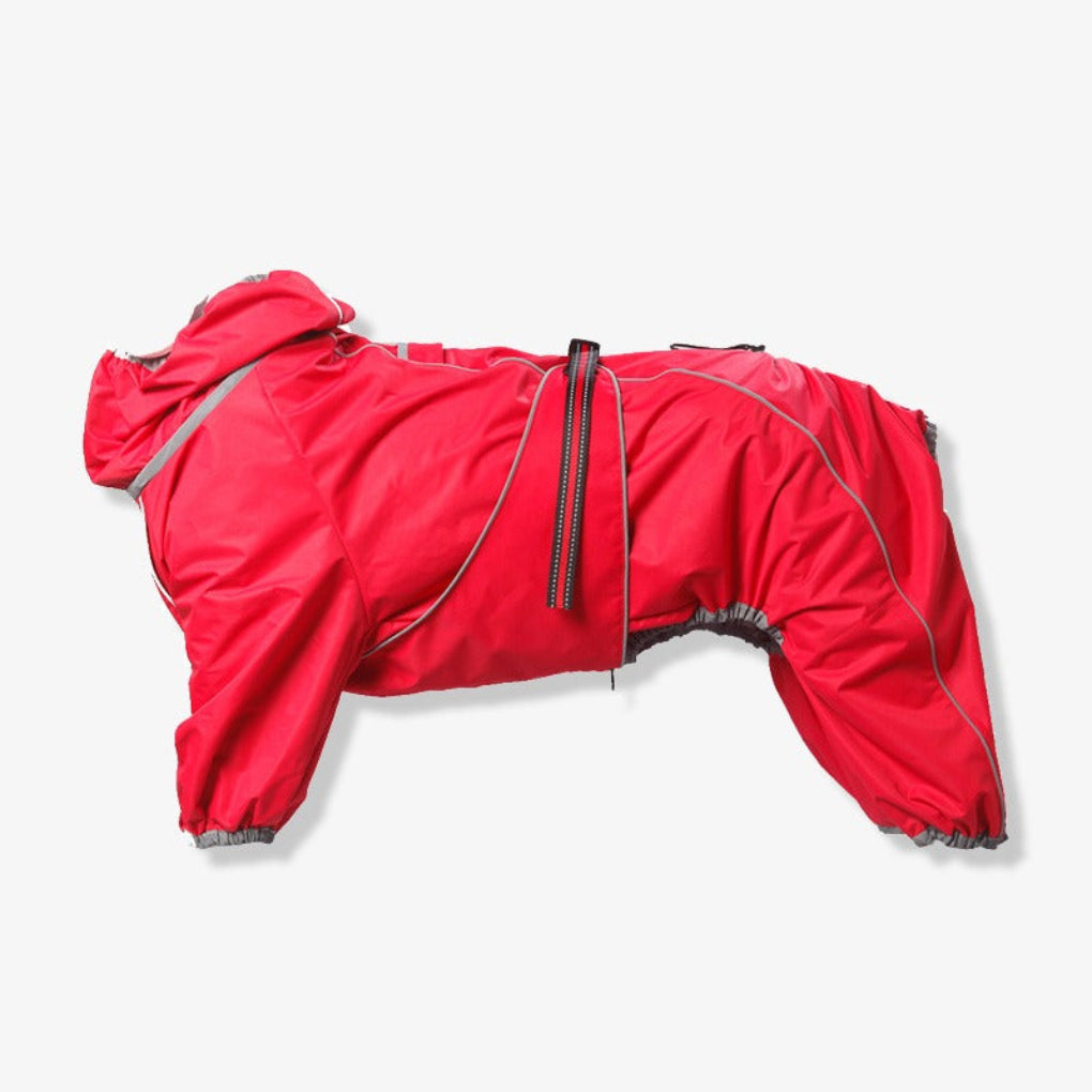 Reflective waterproof dog rain coat ensures safety during walks. Adjustable unisex jacket for small to large dogs.