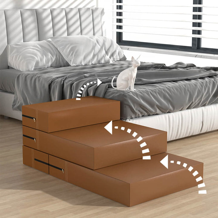 Waterproof 3-level pet steps in PU leather, perfect for senior dogs & small pets accessing beds.