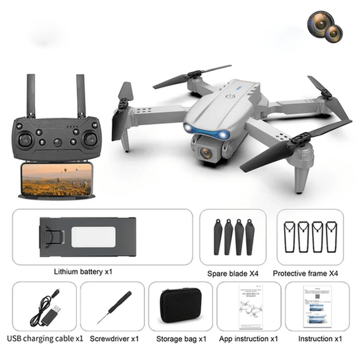 AeroPro RC drone with navigation lights flying at dusk, capturing unique low-light aerial video & photos.