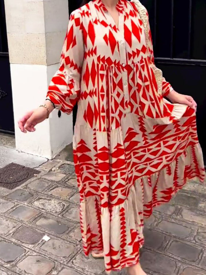 Plus size women's flowy maxi dress. Loose fit, comfortable, and long sleeve with round neck for summer casual style.