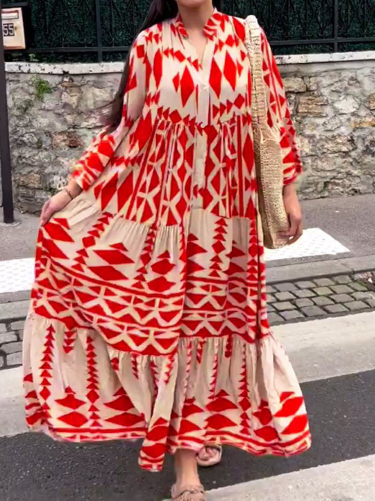 Stylish women's summer maxi dress. Flowy design with long sleeves, round neck. Ideal for casual, beach, or holiday wear.