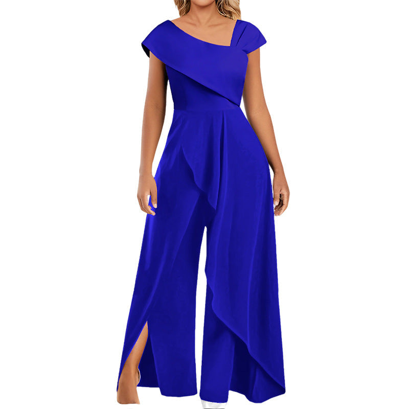 Elegant pink women's asymmetrical jumpsuit with a chic diagonal collar. Perfect for stylish evening wear or summer events.