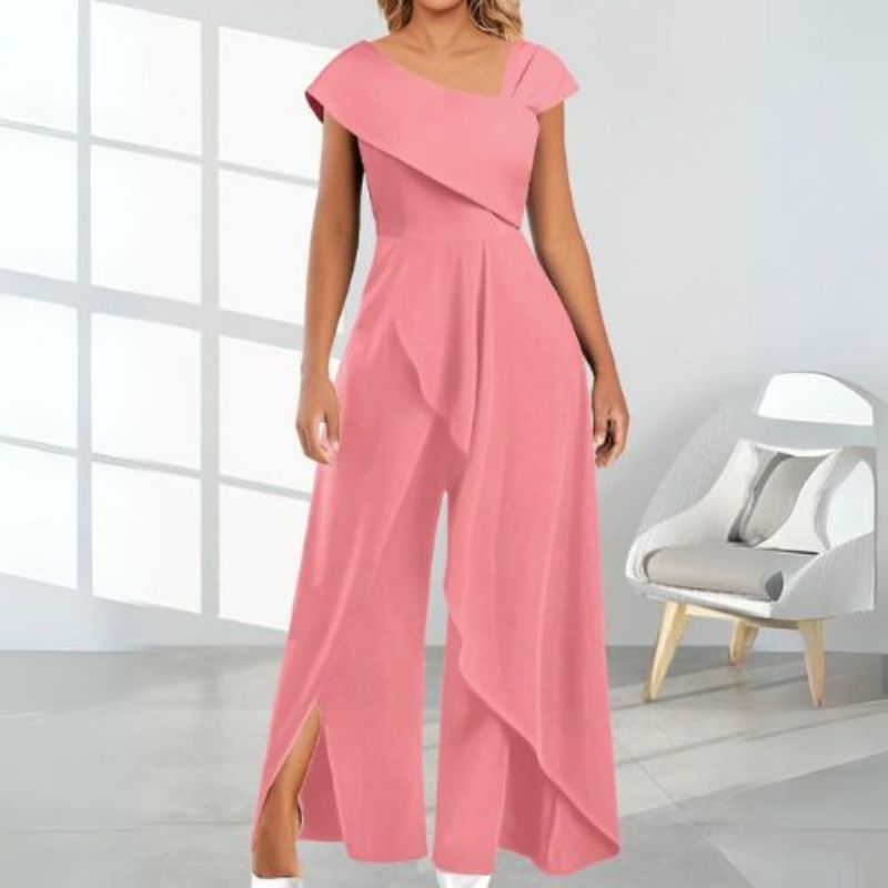 Stylish blue asymmetrical jumpsuit for women, featuring a unique diagonal collar. Versatile for casual or formal summer wear.