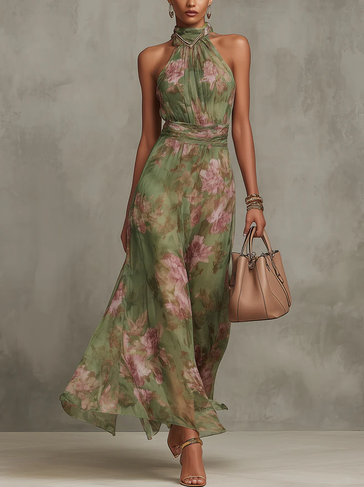 Elegant green halter maxi dress for women, featuring a flowy summer style perfect for vacation.