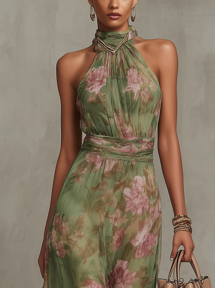 Stylish casual green maxi dress for women, designed with a comfortable halter neck for summer wear.