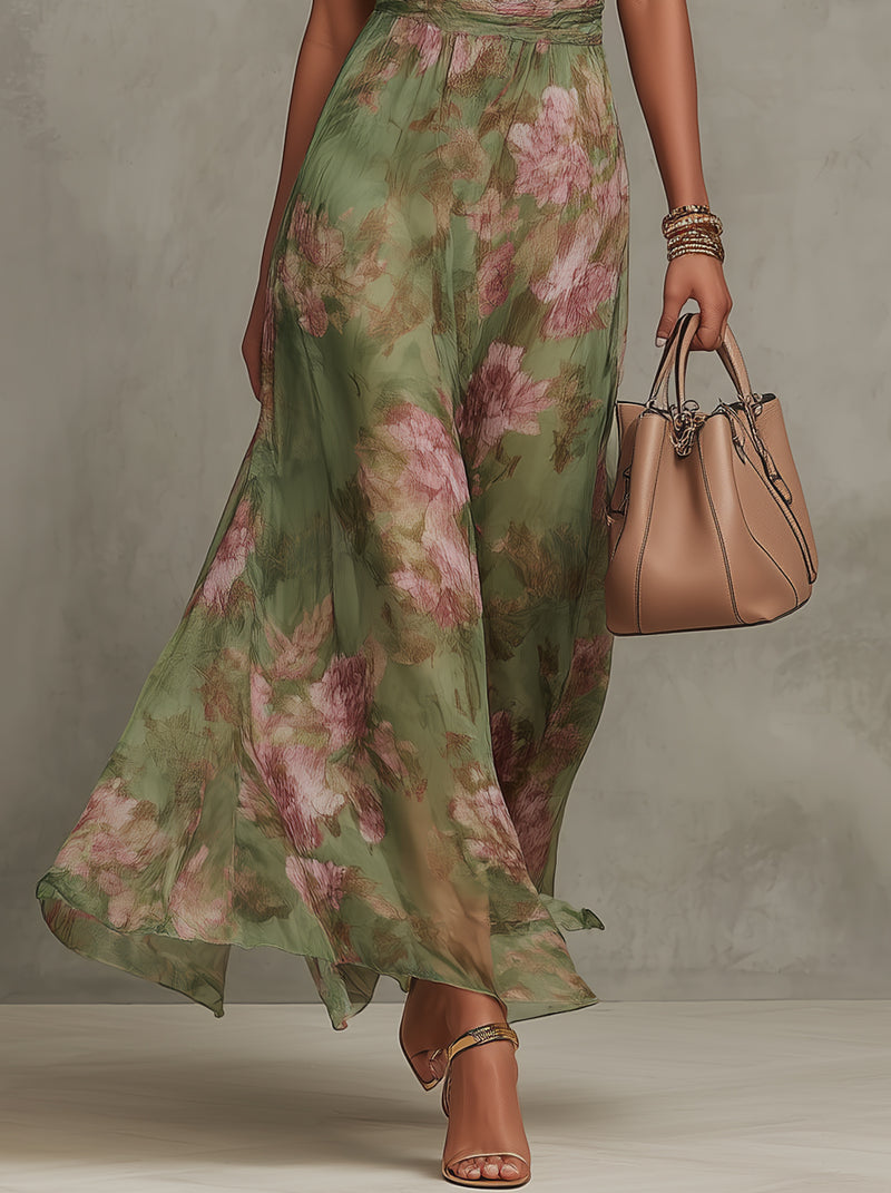 Vacation-ready women's halter maxi dress in a beautiful flowy fabric, great for elegant summer style.