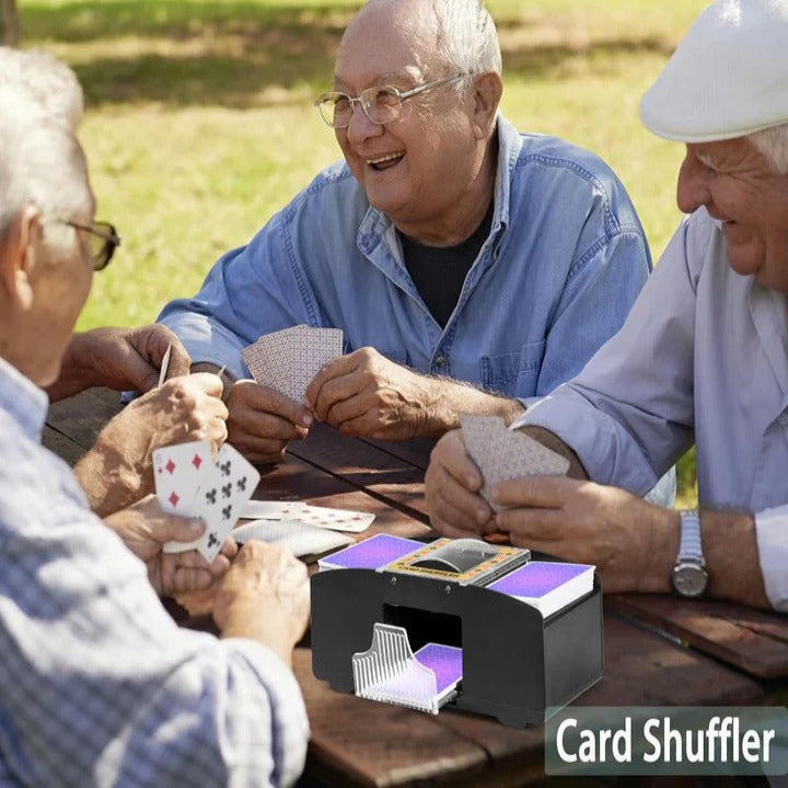 Battery-operated automatic electric card shuffler, ensuring quick, random shuffles for stress-free card games.