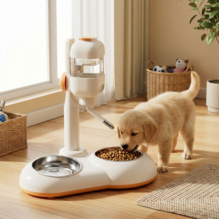 Automatic pet food & water dispenser feeding station for dogs & cats, ensuring continuous meals & hydration.