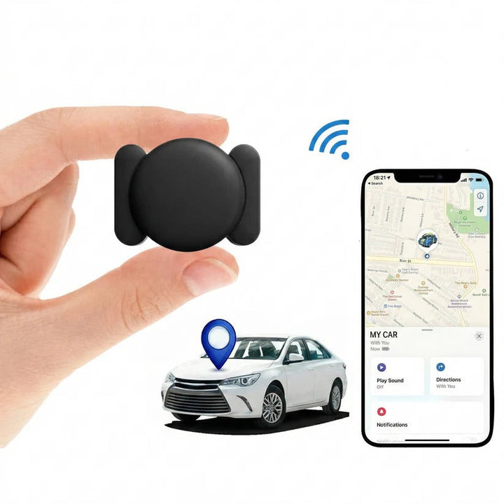 Automotive GPS tracker with magnetic mount for real-time vehicle tracking. No subscription, portable security device.