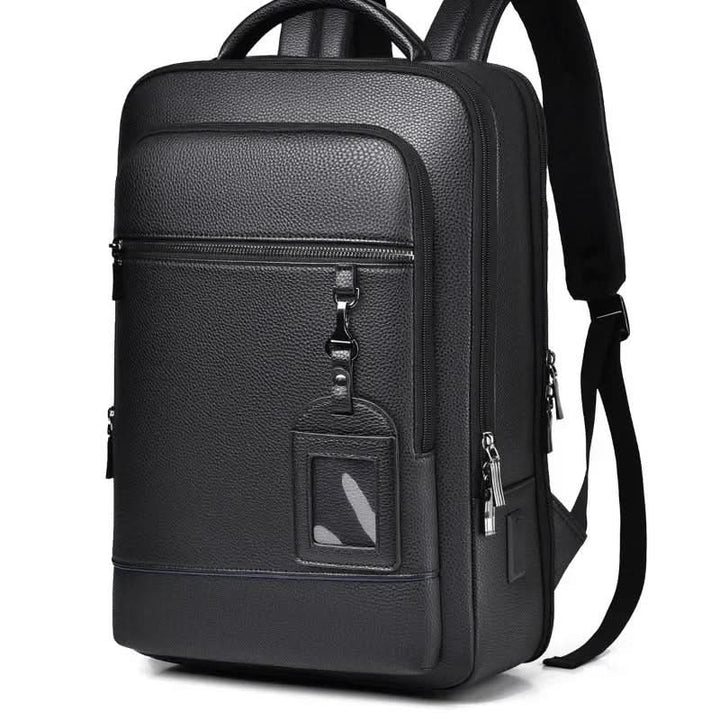 Business travel smart backpack, black PU leather, for laptops & organized packing, modern aesthetic.