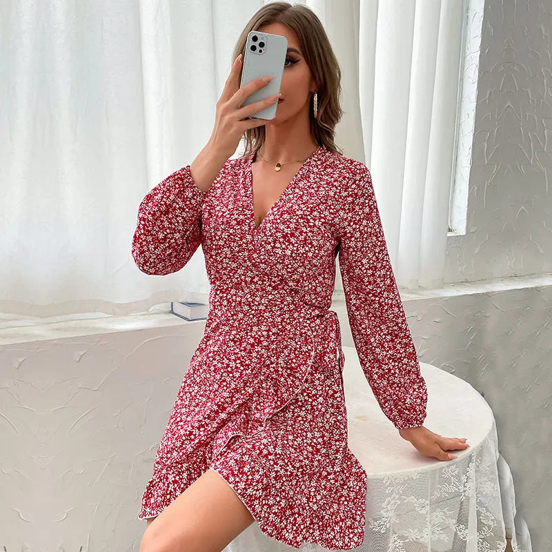 Stylish women's long sleeve V-neck wrap mini dress with ruffle hem, tie waist, ideal for parties & casual.