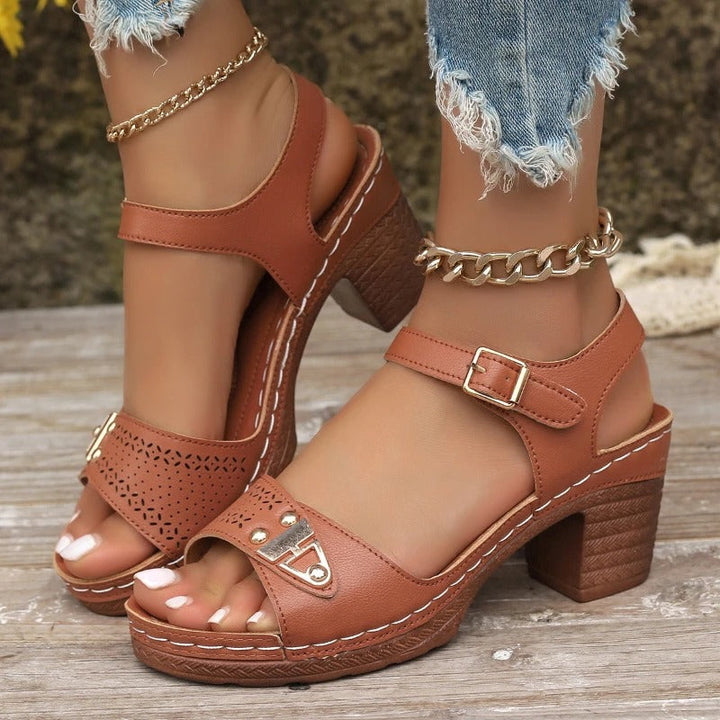 Stylish women's block heel platform sandals with cushioned cross straps; ideal for casual or dressy wear.
