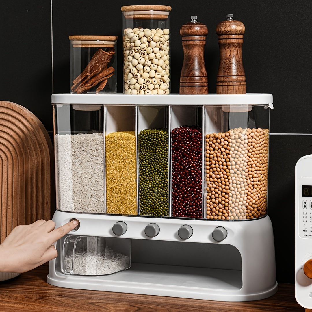 Airtight 5-section dry food dispenser for pantry organization. Clear container for cereal, rice, grains.