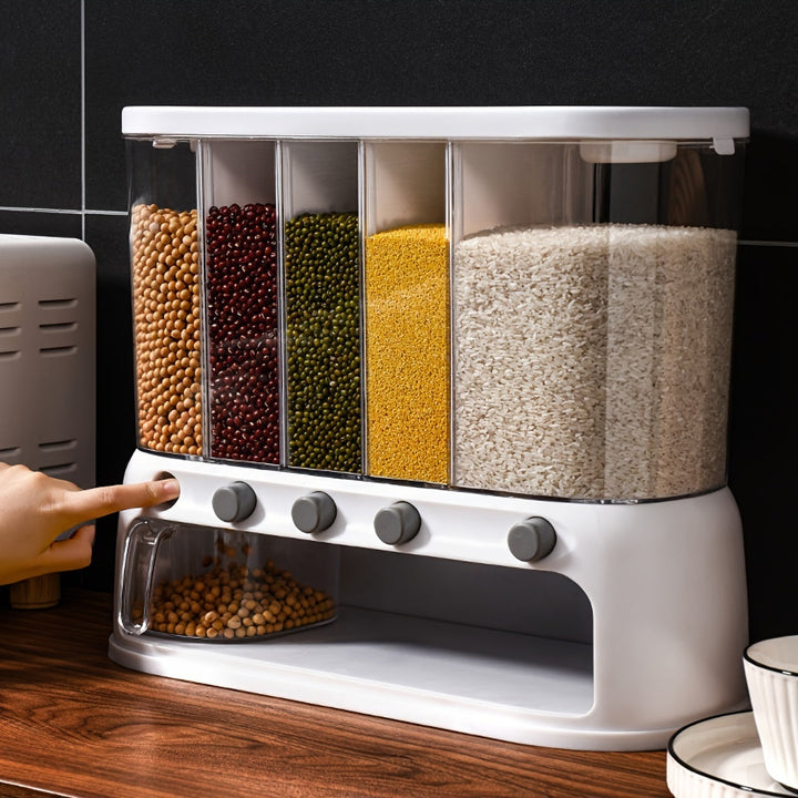Clear 5-section dry food storage bin with an airtight seal, perfect for organized pantry and kitchen.