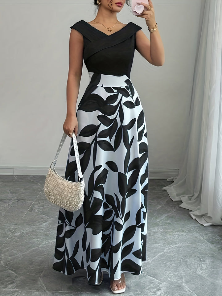 Stylish women's long A-line V-neck maxi dress. Perfect elegant formal wear for wedding guests & evening parties.