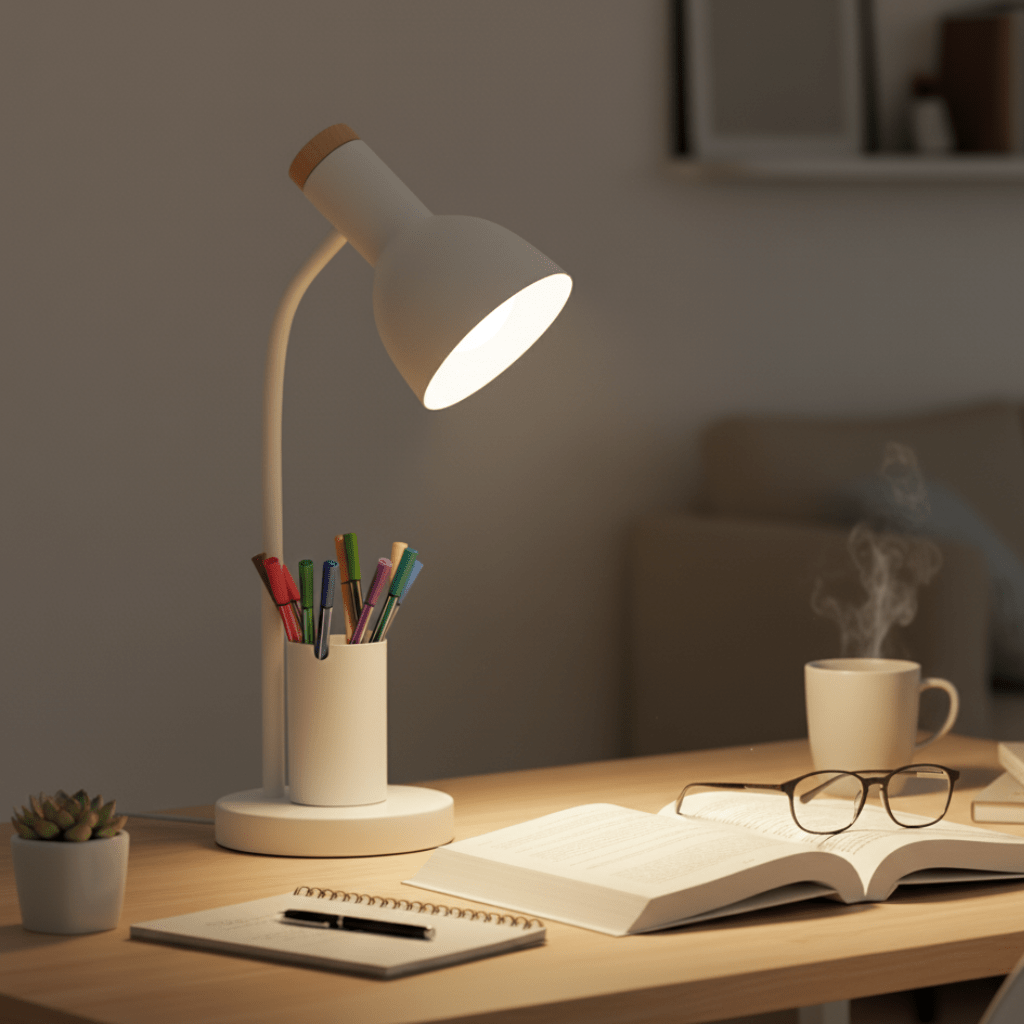 Modern LED desk lamp, sleek design for contemporary office or home study. Clear, adjustable light.
