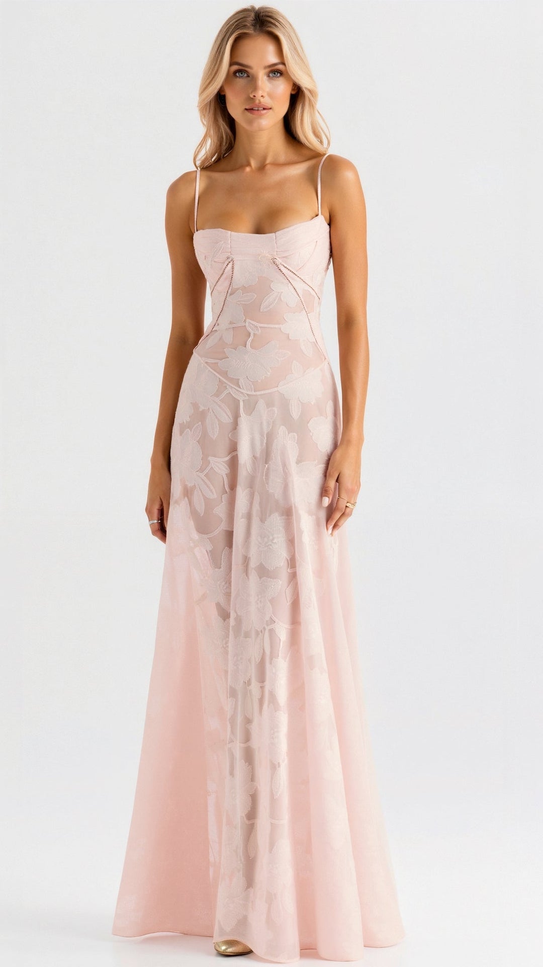 Beatrice dress on model, sleek slip maxi style for wedding guest fashion.