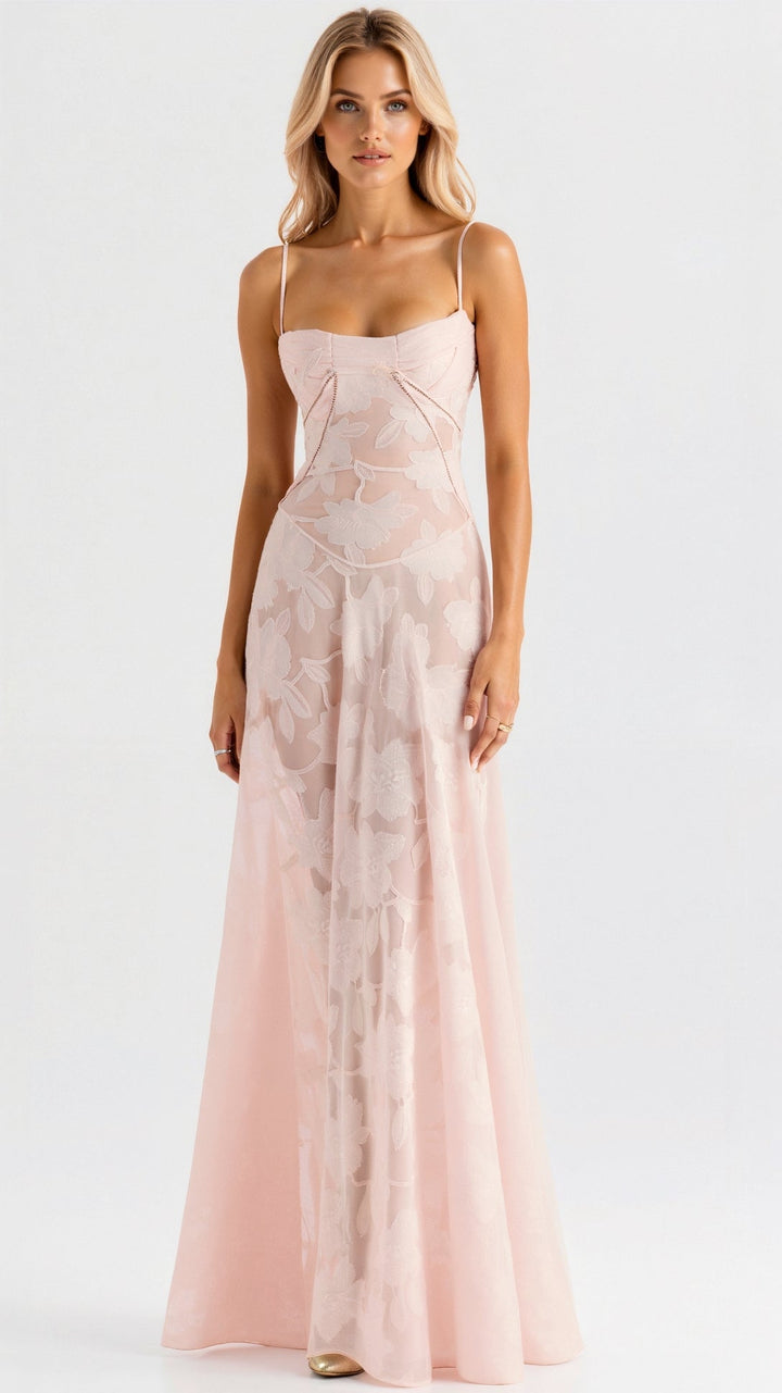 Beatrice dress on model, sleek slip maxi style for wedding guest fashion.