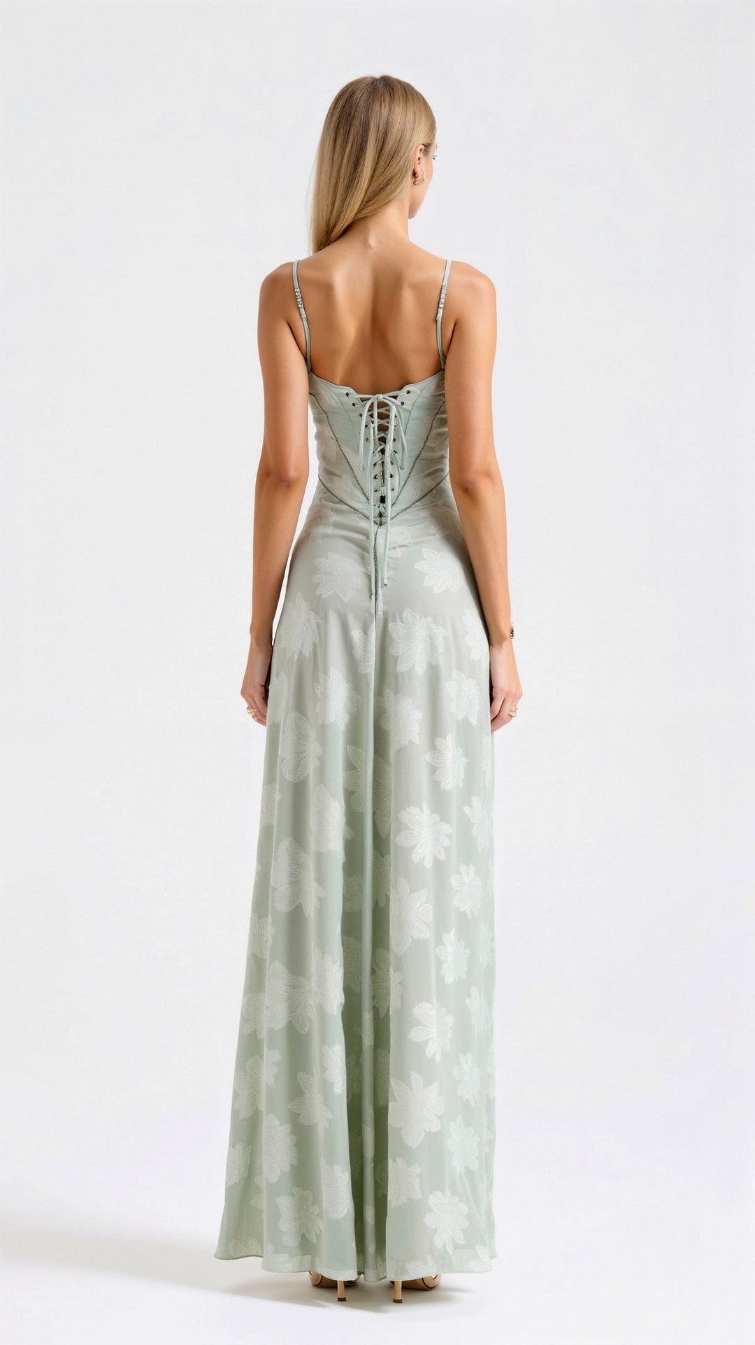 Close-up of neckline and fabric edge on Beatrice wedding guest slip maxi dress.