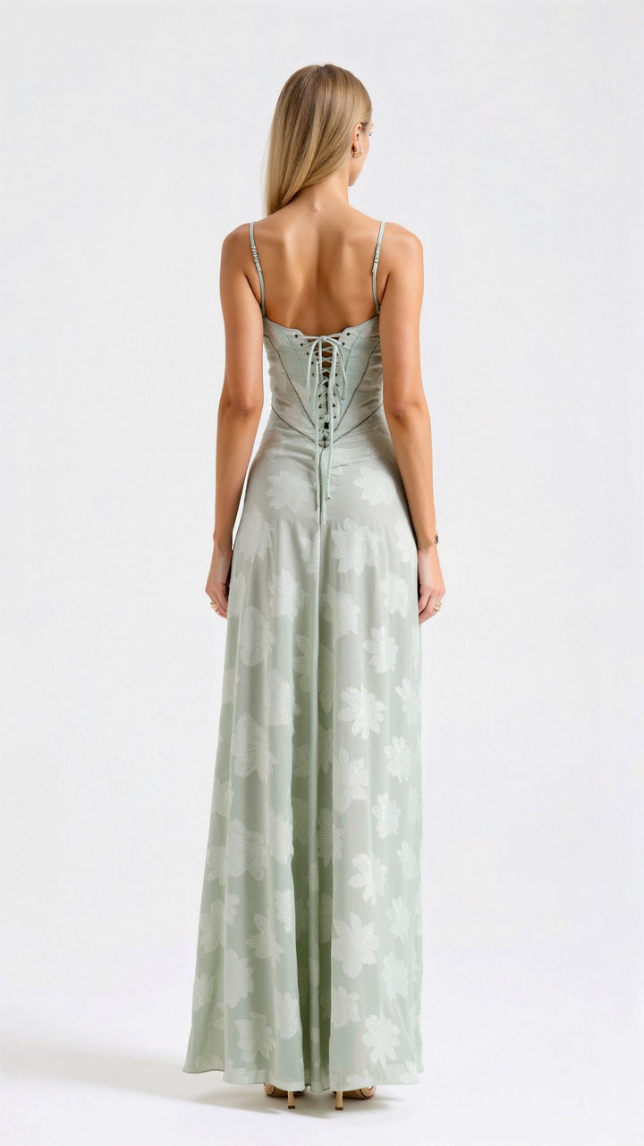 Close-up of neckline and fabric edge on Beatrice wedding guest slip maxi dress.