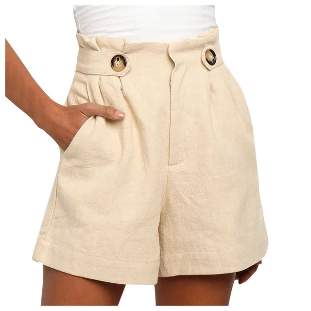 Women's beige high waist wide leg summer shorts, perfect for beachwear, casual, or vacation outfits.