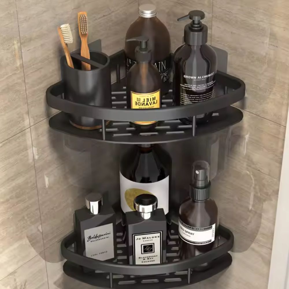 Black 2-tier rustproof wall-mounted shower organizer. Modern metal shower caddy for bathroom storage & space-saving.