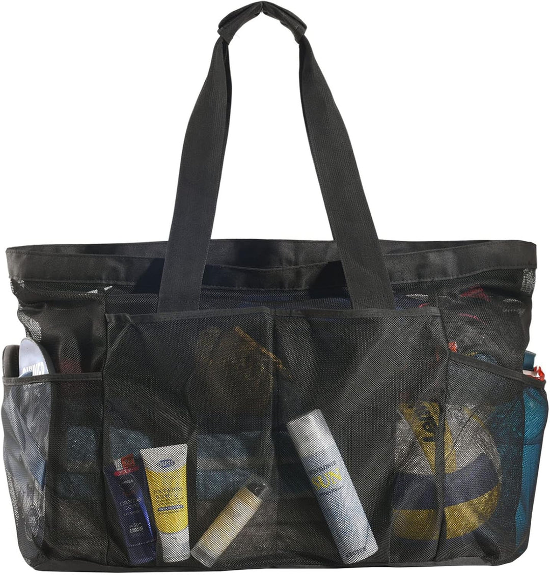 Black extra-large mesh beach tote bag, sandproof & zippered, perfect for family travel & outdoor gear.