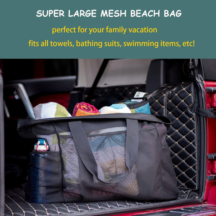 Spacious black mesh beach tote, sandproof carryall for towels, toys & essentials. Ideal family travel bag.
