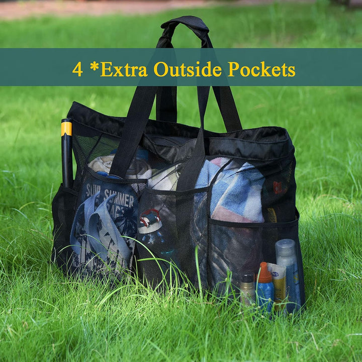 Versatile black zippered mesh travel bag, sandproof & extra-large, great for beach, pool, or outdoor activities.