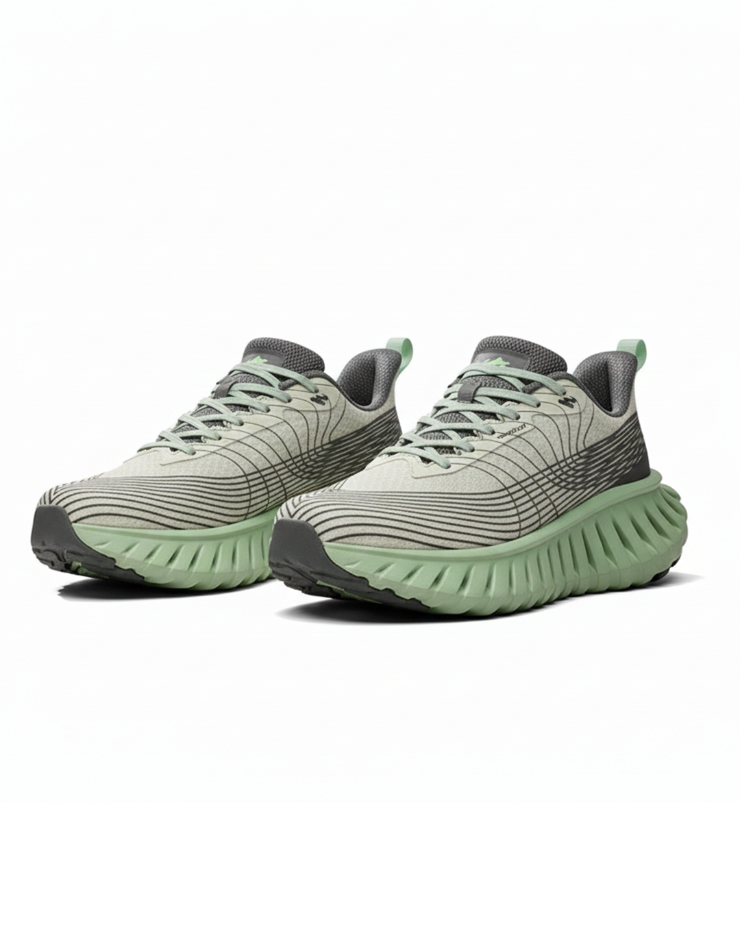 Black & green unisex performance athletic running shoes, side view, breathable upper