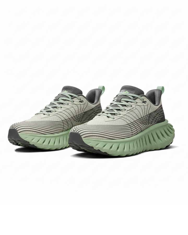 Black & green unisex performance athletic running shoes, side view, breathable upper
