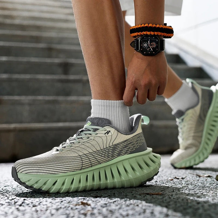 Performance athletic gym shoes, black & green, for running, breathable mesh, durable sole