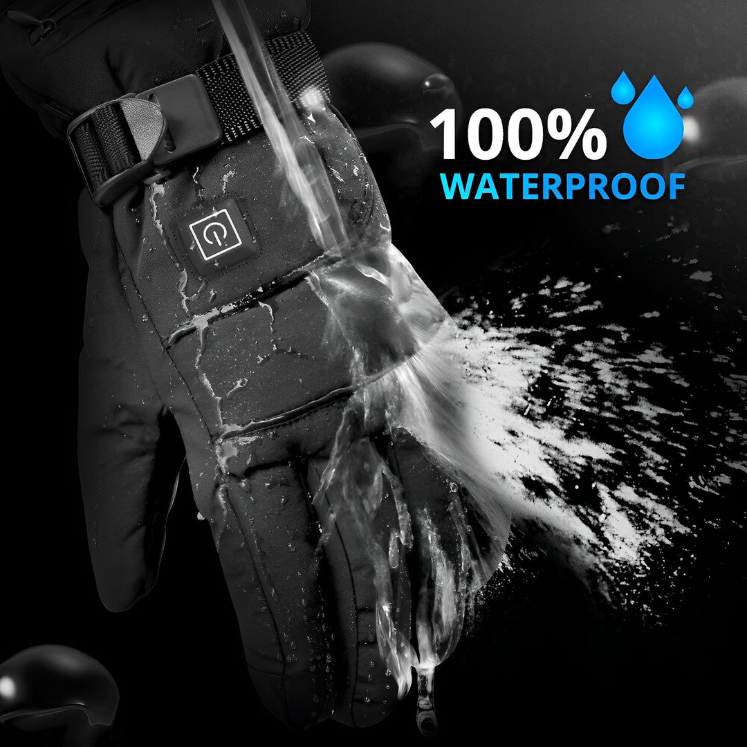 "Black heated electric gloves for men and women, adjustable heat settings, water-resistant, ideal for winter sports."